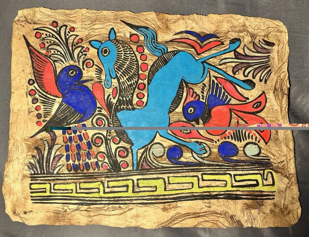 Amate Bark Painting Paper Vintage Mexican Horse,Birds Folk Art, Hand Painted